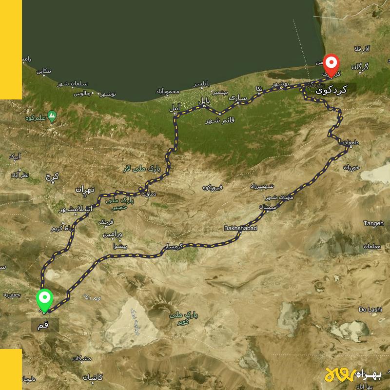 مسافت و فاصله کردکوی - گلستان تا قم از ۲ مسیر - اردیبهشت ۱۴۰۳