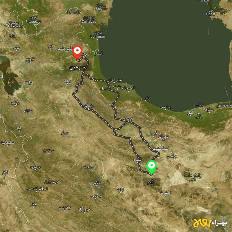مسافت و فاصله سرعین - اردبیل تا قم از ۳ مسیر - مرداد ۱۴۰۳
