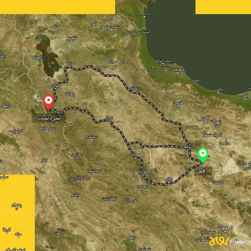 مسافت و فاصله سردشت - آذربایجان غربی تا قم از ۳ مسیر - آذر ۱۴۰۳