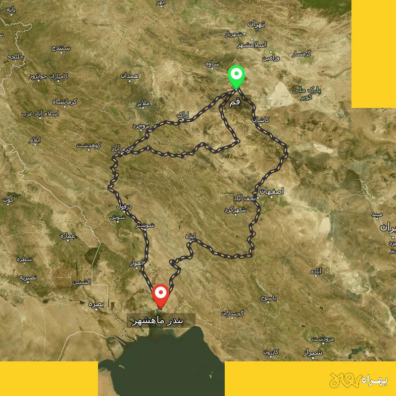 مسافت و فاصله بندر ماهشهر - خوزستان تا قم از ۳ مسیر - اردیبهشت ۱۴۰۳