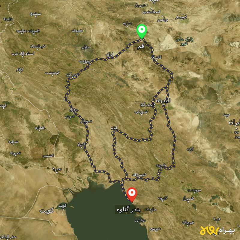 مسافت و فاصله بندر گناوه - بوشهر تا قم از ۳ مسیر - اردیبهشت ۱۴۰۳