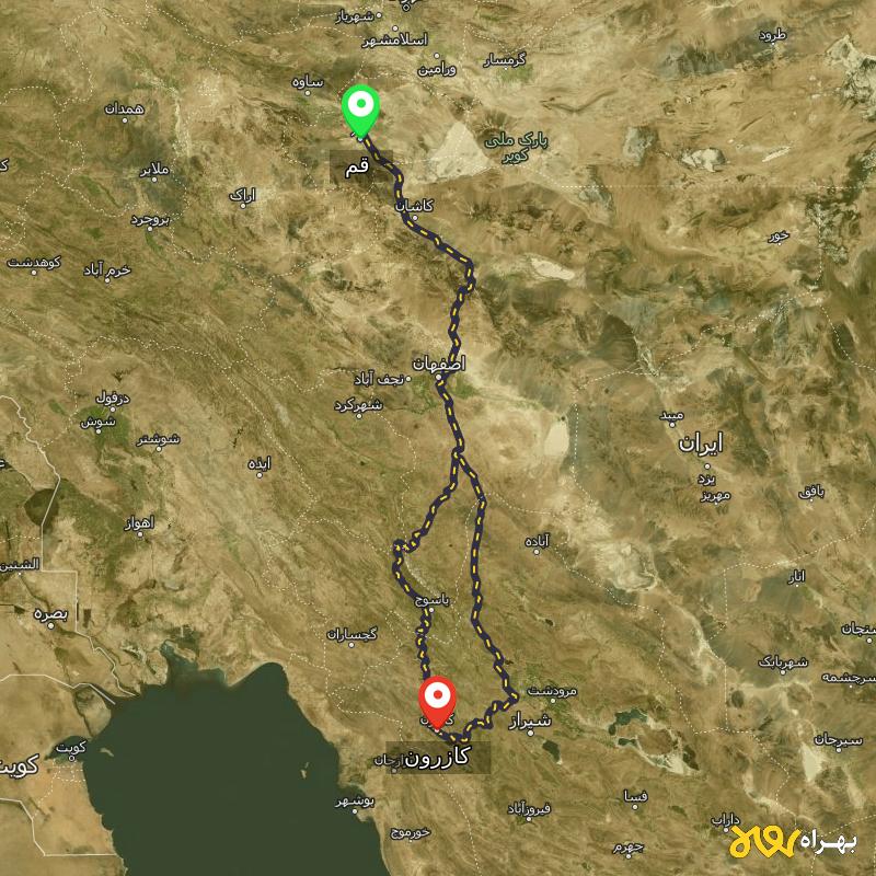 مسافت و فاصله کازرون - فارس تا قم از ۲ مسیر - اردیبهشت ۱۴۰۳