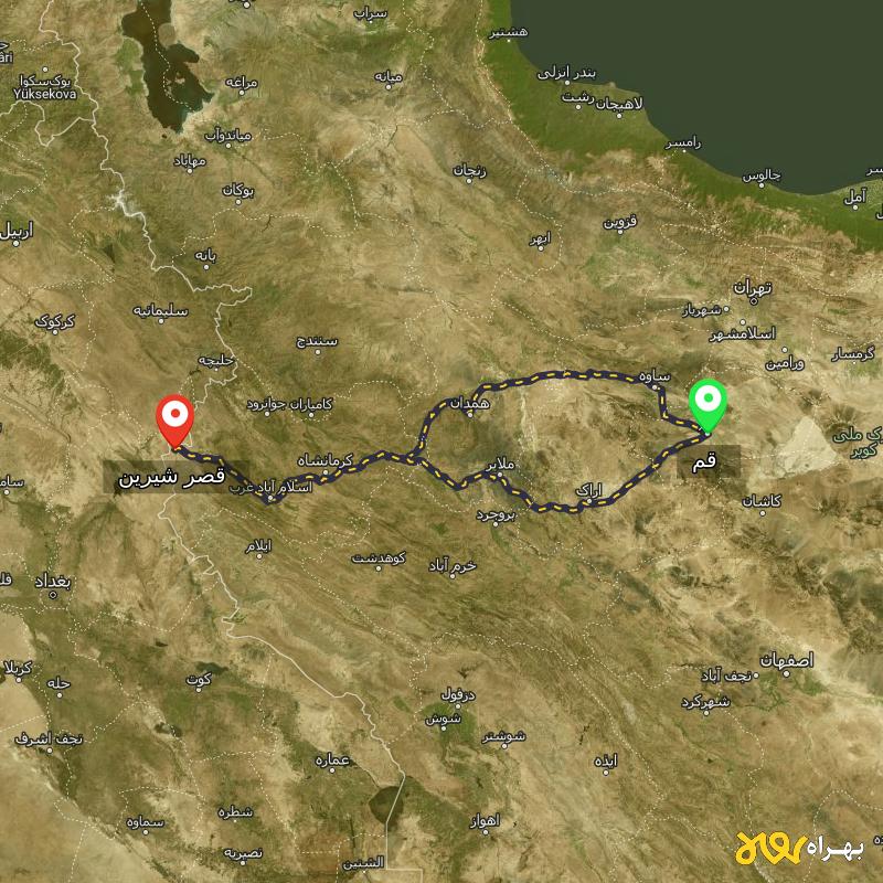 مسافت و فاصله قصر شیرین - کرمانشاه تا قم از ۲ مسیر - اردیبهشت ۱۴۰۳