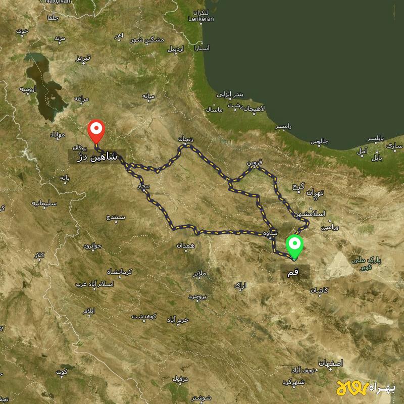 مسافت و فاصله شاهین دژ - آذربایجان غربی تا قم از ۳ مسیر - دی ۱۴۰۳