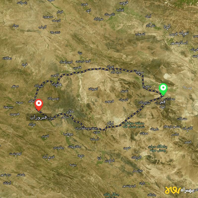 مسافت و فاصله فیروزان - همدان تا قم از ۲ مسیر - آبان ۱۴۰۳