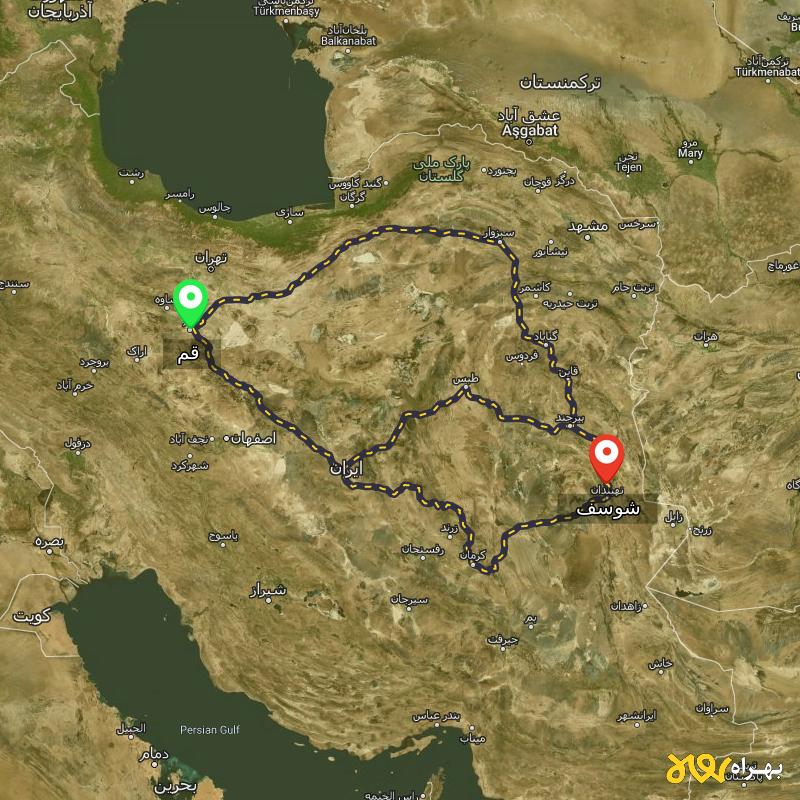 مسافت و فاصله شوسف - خراسان جنوبی تا قم از ۳ مسیر - شهریور ۱۴۰۳