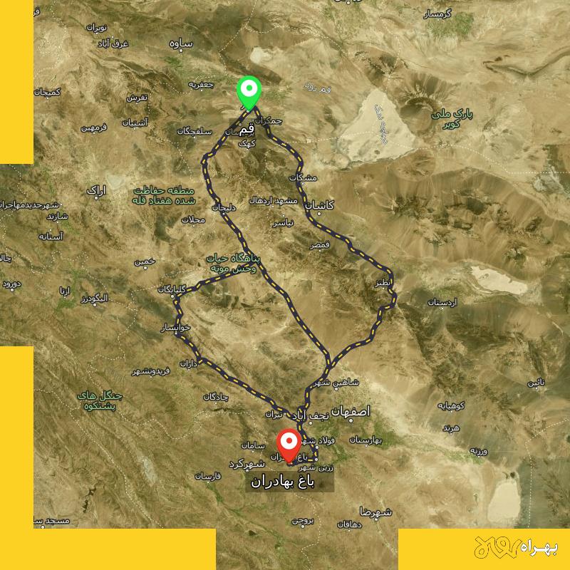 مسافت و فاصله باغ بهادران - اصفهان تا قم از ۳ مسیر - آذر ۱۴۰۳
