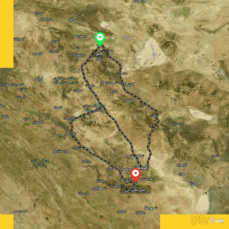مسافت و فاصله پیربکران - اصفهان تا قم از ۳ مسیر - آذر ۱۴۰۳