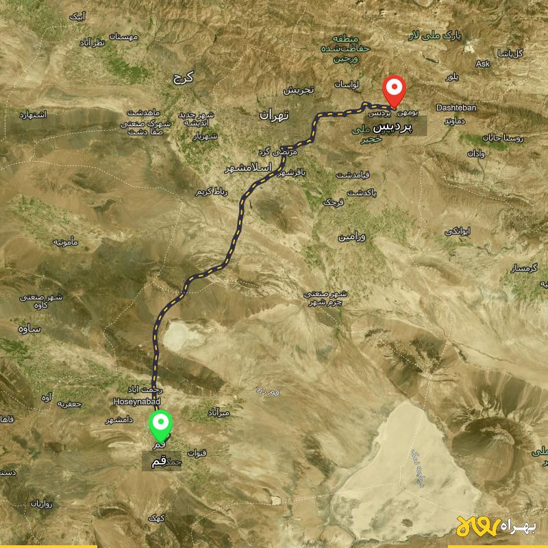 مسافت و فاصله پردیس - تهران تا قم - مسیریاب بهراه