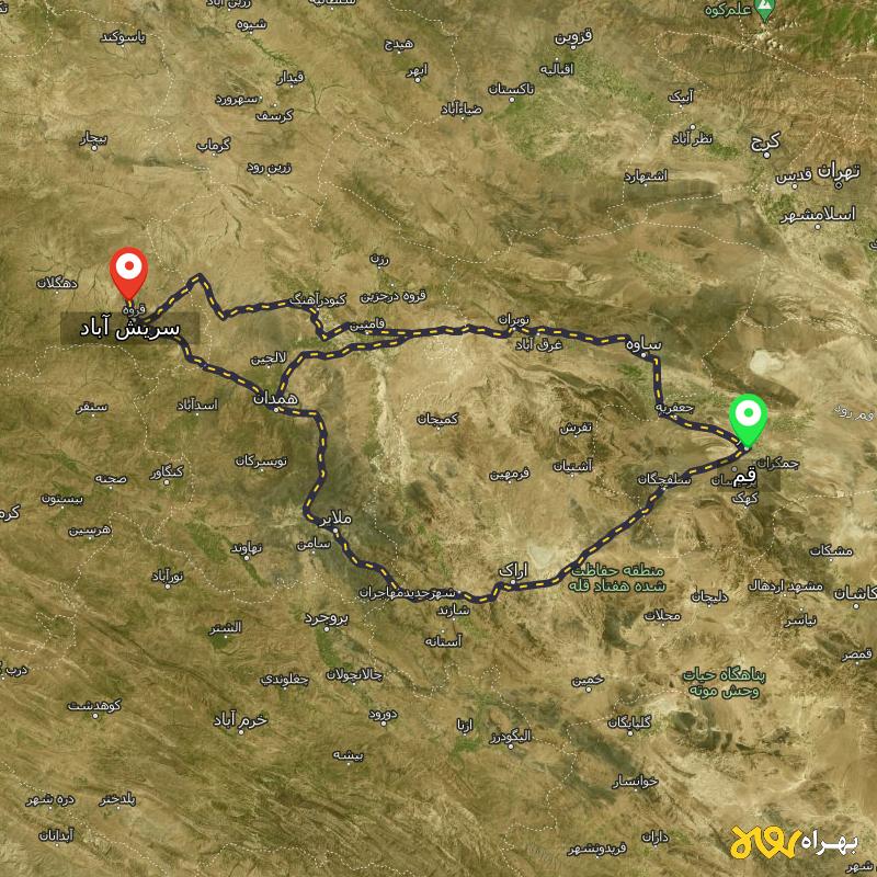 مسافت و فاصله سریش آباد - کردستان تا قم از ۳ مسیر - دی ۱۴۰۳