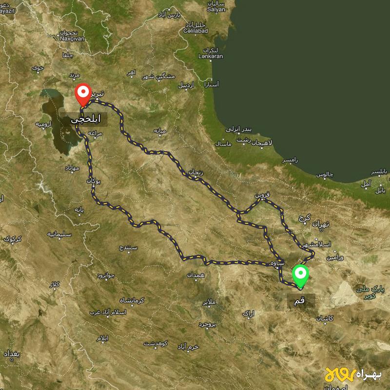 مسافت و فاصله ایلخچی - آذربایجان شرقی تا قم از ۳ مسیر - مرداد ۱۴۰۳
