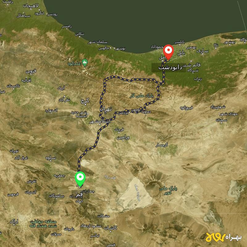 مسافت و فاصله دابودشت - مازندران تا قم از ۲ مسیر - شهریور ۱۴۰۳