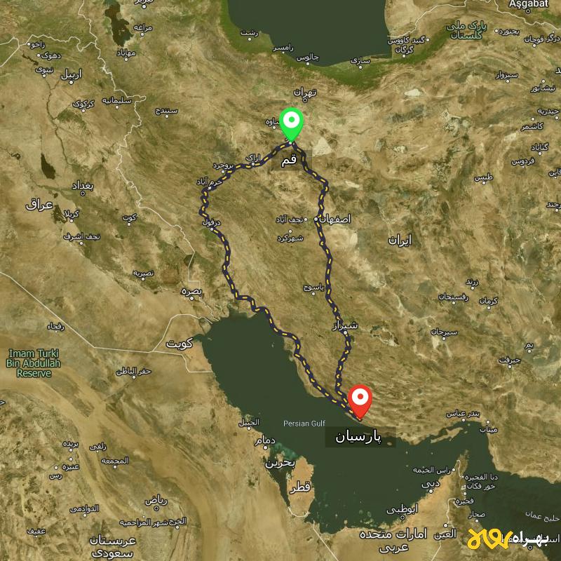 مسافت و فاصله پارسیان - هرمزگان تا قم از ۲ مسیر - آبان ۱۴۰۳