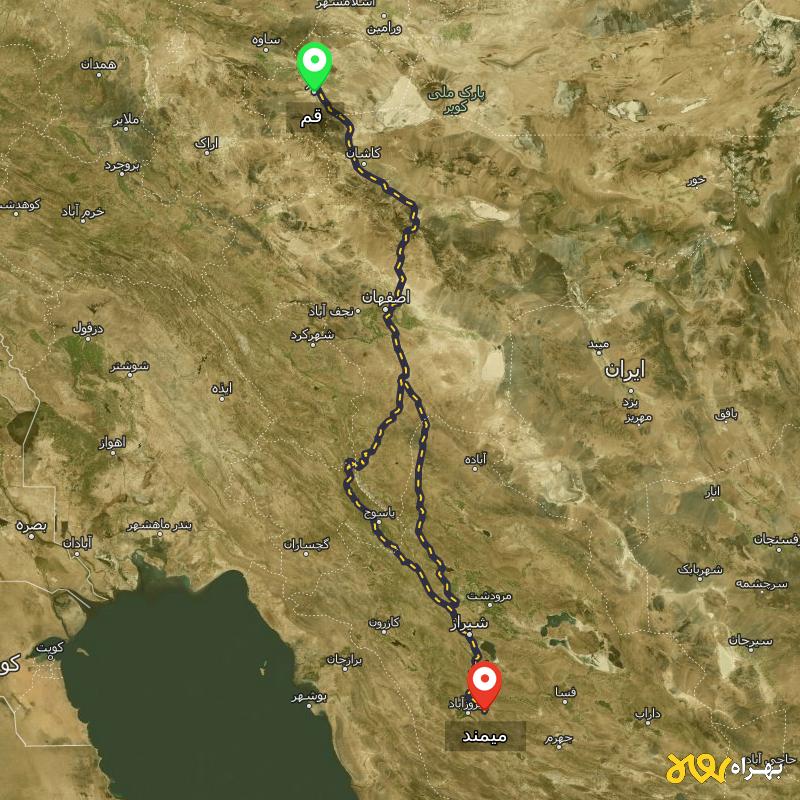 مسافت و فاصله میمند - فارس تا قم از ۲ مسیر - آذر ۱۴۰۳