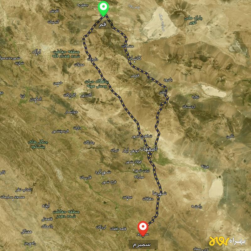 مسافت و فاصله سمیرم - اصفهان تا قم از ۲ مسیر - اردیبهشت ۱۴۰۳