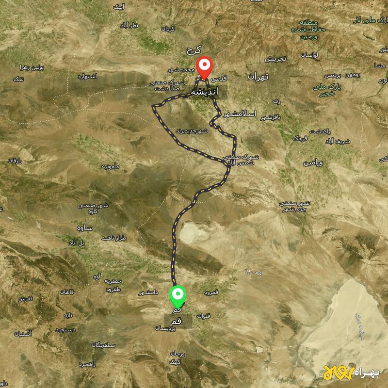 مسافت و فاصله اندیشه تا قم از ۲ مسیر - بهمن ۱۴۰۳