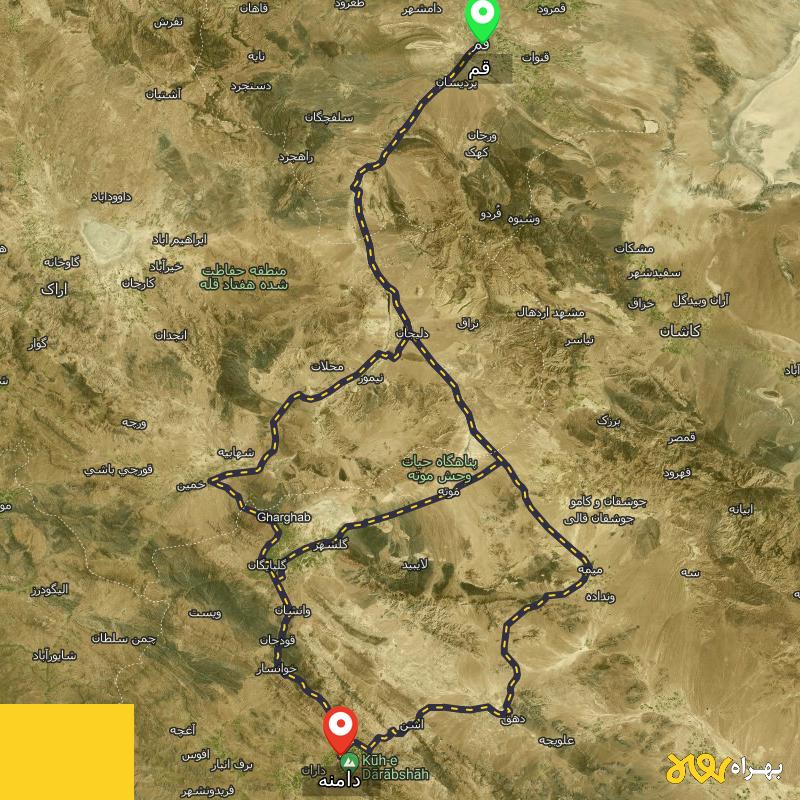 مسافت و فاصله دامنه - اصفهان تا قم از ۳ مسیر - دی ۱۴۰۳