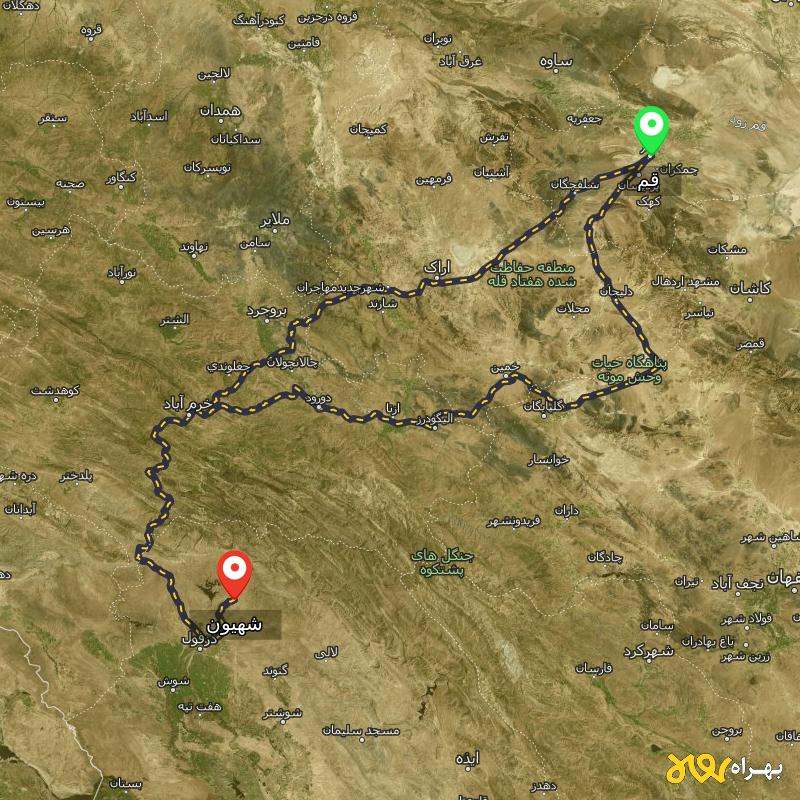 مسافت و فاصله شهیون - خوزستان تا قم از ۲ مسیر - شهریور ۱۴۰۳