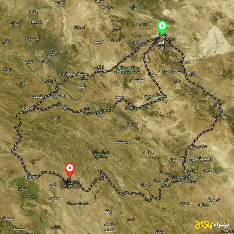 مسافت و فاصله تراز - خوزستان تا قم از ۳ مسیر - بهمن ۱۴۰۳