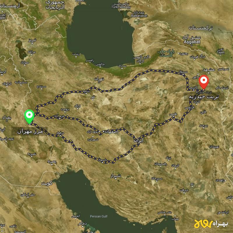 مسافت و فاصله تربت حیدریه - خراسان رضوی تا مرز مهران - ایلام از ۳ مسیر - آذر ۱۴۰۳