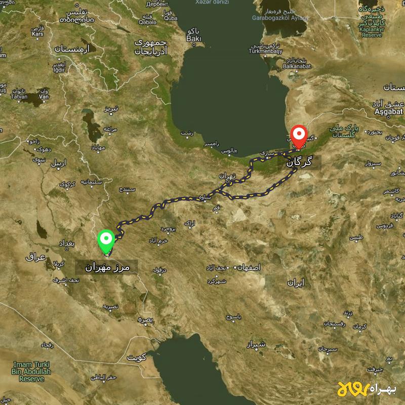 مسافت و فاصله گرگان تا مرز مهران - ایلام از ۲ مسیر - مرداد ۱۴۰۳