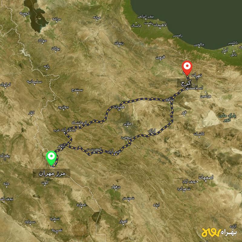 مسافت و فاصله کرج تا مرز مهران - ایلام از ۲ مسیر - مرداد ۱۴۰۳