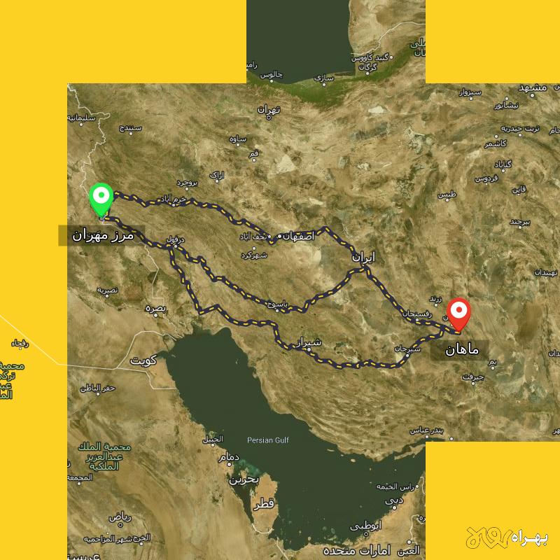 مسافت و فاصله ماهان - کرمان تا مرز مهران - ایلام از ۳ مسیر - آذر ۱۴۰۳