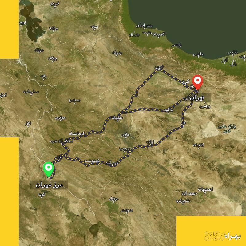 مسافت و فاصله تهران تا مرز مهران - ایلام از ۳ مسیر - مرداد ۱۴۰۳