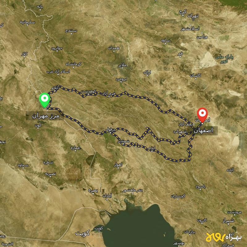 مسافت و فاصله اصفهان تا مرز مهران - ایلام از ۳ مسیر - مرداد ۱۴۰۳