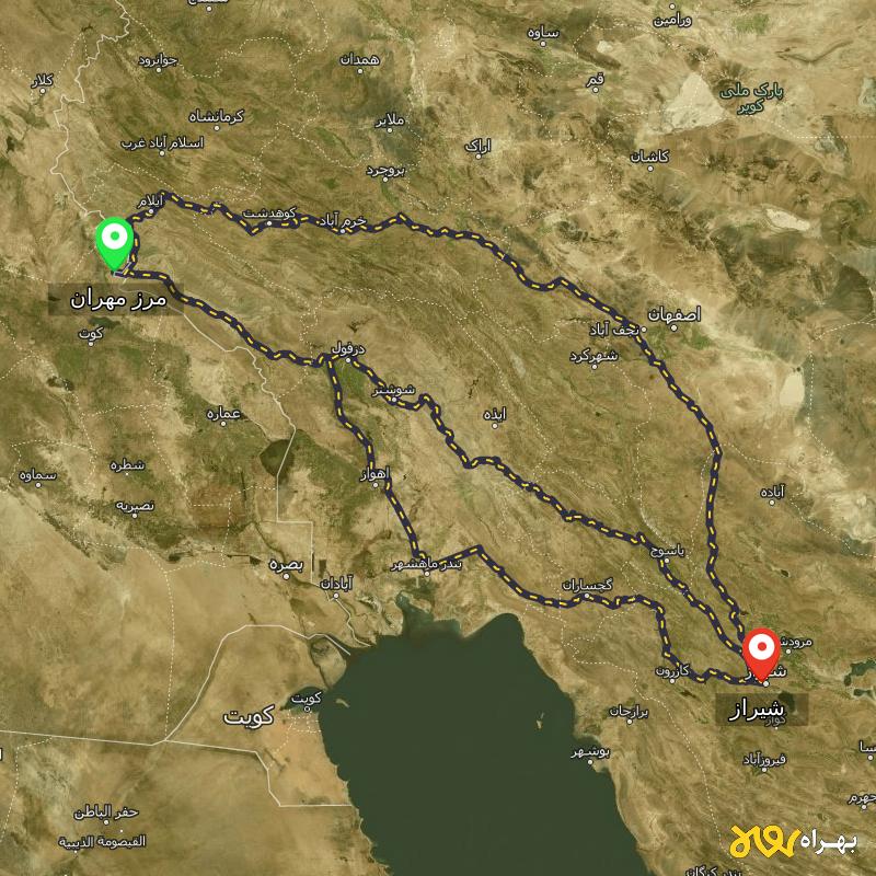 مسافت و فاصله شیراز تا مرز مهران - ایلام از ۳ مسیر - مرداد ۱۴۰۳