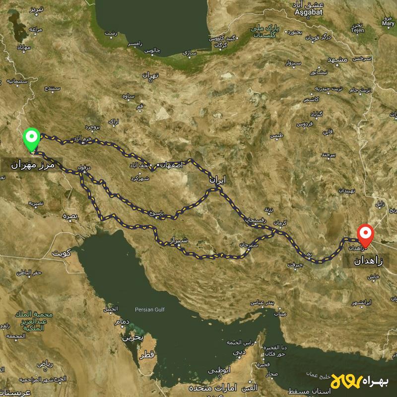 مسافت و فاصله زاهدان تا مرز مهران - ایلام از ۳ مسیر - مرداد ۱۴۰۳