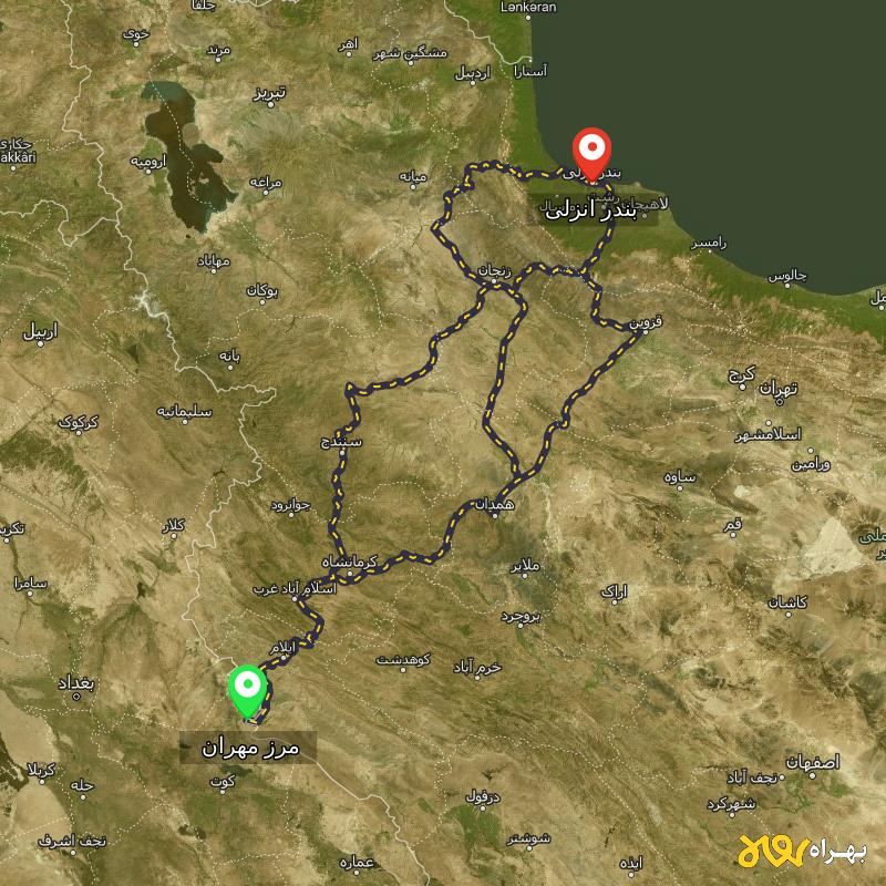 مسافت و فاصله بندر انزلی تا مرز مهران - ایلام از ۳ مسیر - مرداد ۱۴۰۳