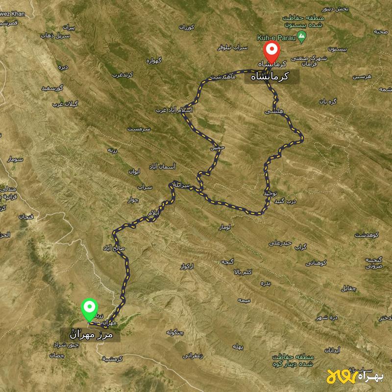 مسافت و فاصله کرمانشاه تا مرز مهران - ایلام از ۲ مسیر - مرداد ۱۴۰۳