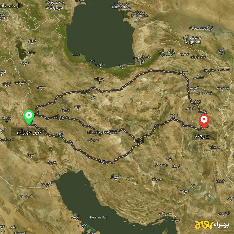 مسافت و فاصله بیرجند تا مرز مهران - ایلام از ۳ مسیر - مرداد ۱۴۰۳