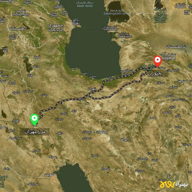 مسافت و فاصله بجنورد تا مرز مهران - ایلام از ۲ مسیر - مرداد ۱۴۰۳
