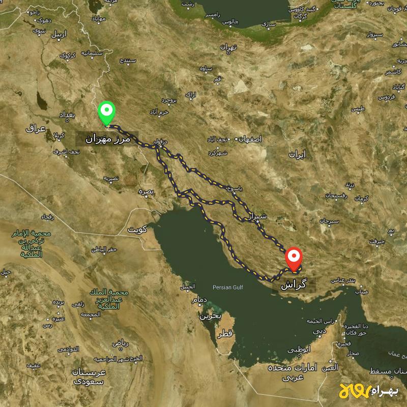 مسافت و فاصله گراش - فارس تا مرز مهران - ایلام از ۳ مسیر - شهریور ۱۴۰۳
