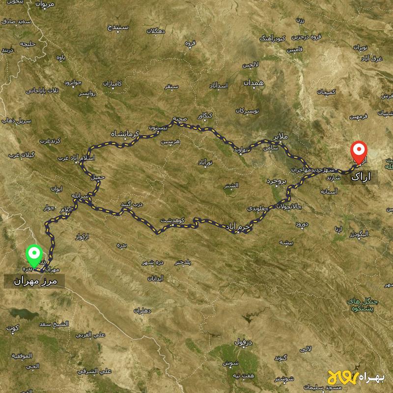 مسافت و فاصله اراک تا مرز مهران - ایلام از ۲ مسیر - مرداد ۱۴۰۳
