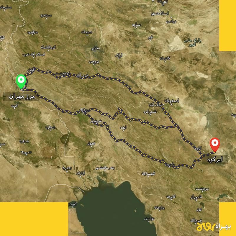 مسافت و فاصله ابرکوه - یزد تا مرز مهران - ایلام از ۳ مسیر - مرداد ۱۴۰۳