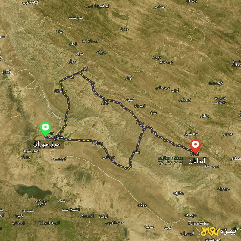 مسافت و فاصله آبدانان - ایلام تا مرز مهران - ایلام از ۲ مسیر - دی ۱۴۰۳