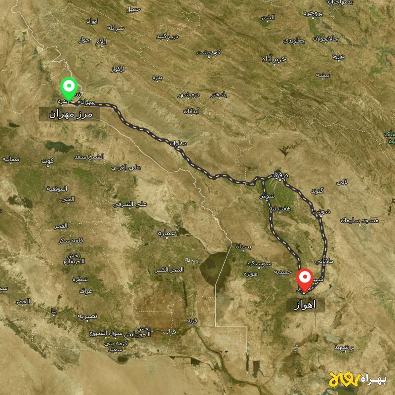 مسافت و فاصله اهواز تا مرز مهران - ایلام از ۲ مسیر - مرداد ۱۴۰۳