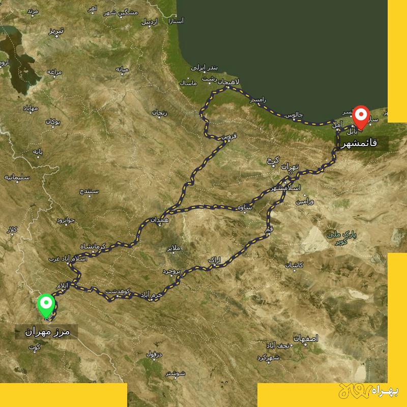 مسافت و فاصله قائمشهر تا مرز مهران - ایلام از ۳ مسیر - دی ۱۴۰۳