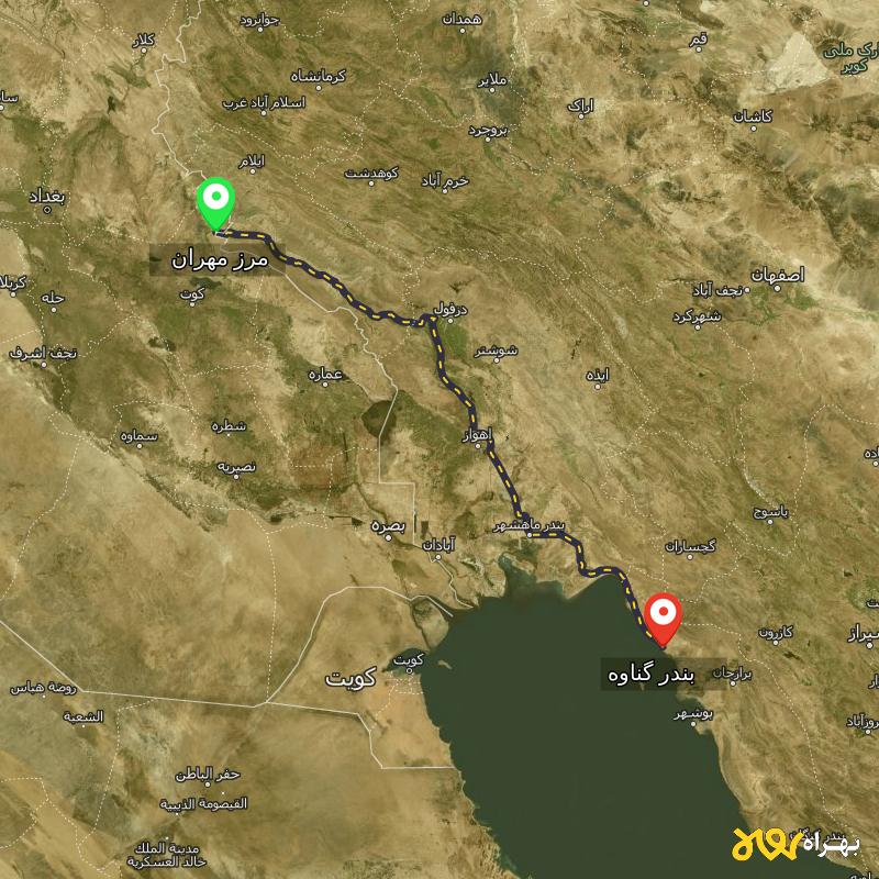 مسافت و فاصله بندر گناوه - بوشهر تا مرز مهران - ایلام - آذر ۱۴۰۳