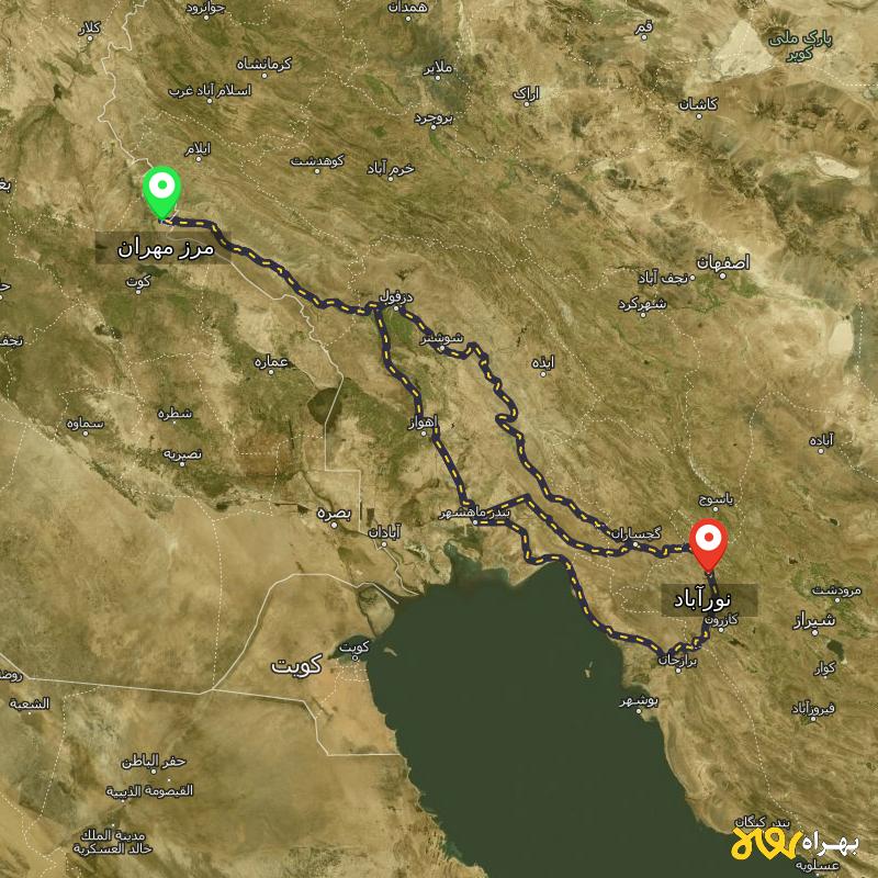 مسافت و فاصله نورآباد - نورآباد ممسنی تا مرز مهران - ایلام از ۳ مسیر - آذر ۱۴۰۳