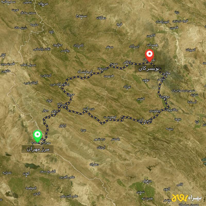 مسافت و فاصله تویسرکان - همدان تا مرز مهران - ایلام از ۲ مسیر - مرداد ۱۴۰۳