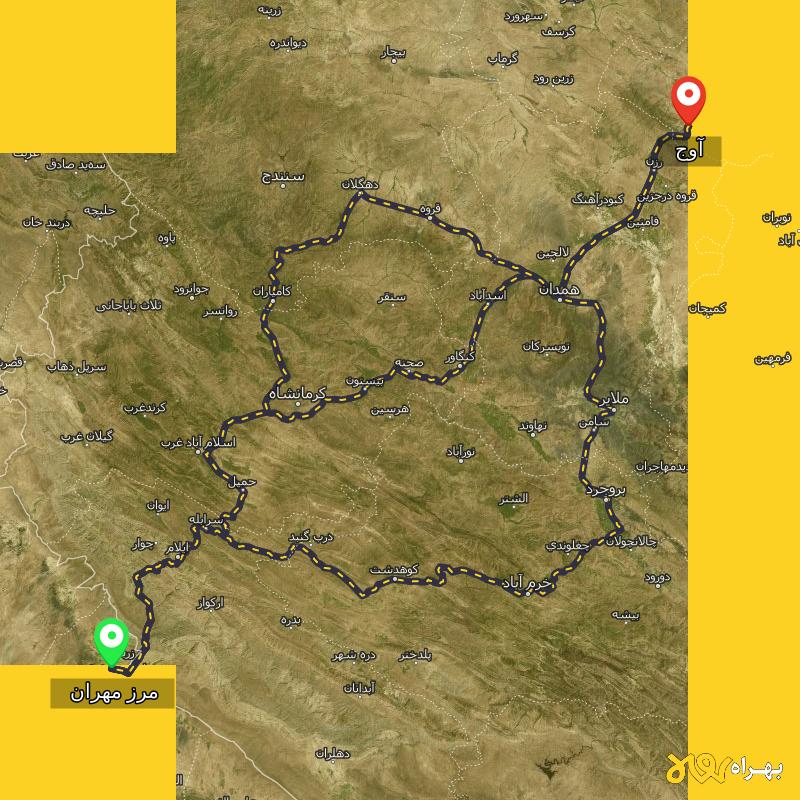 مسافت و فاصله آوج - قزوین تا مرز مهران - ایلام از ۳ مسیر - آذر ۱۴۰۳