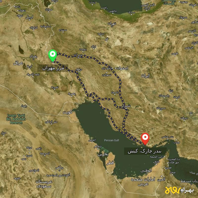 مسافت و فاصله بندر چارک، کیش - هرمزگان تا مرز مهران - ایلام از ۳ مسیر - مهر ۱۴۰۳