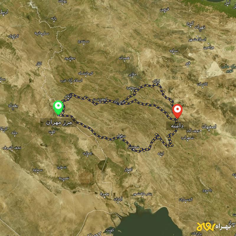 مسافت و فاصله دامنه - اصفهان تا مرز مهران - ایلام از ۳ مسیر - دی ۱۴۰۳