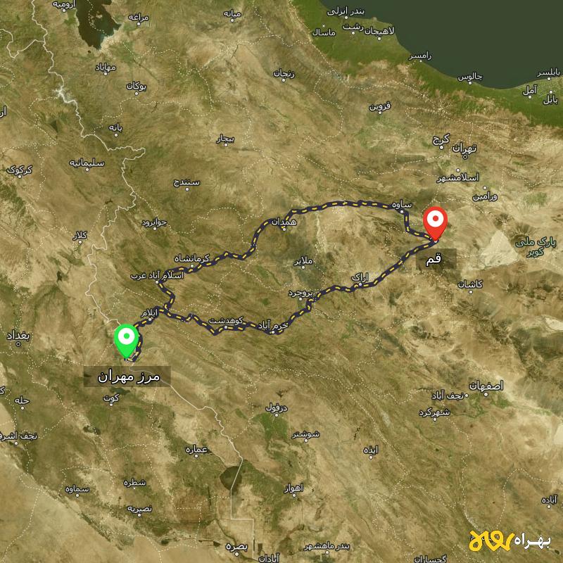 مسافت و فاصله قم تا مرز مهران - ایلام از ۲ مسیر - مرداد ۱۴۰۳