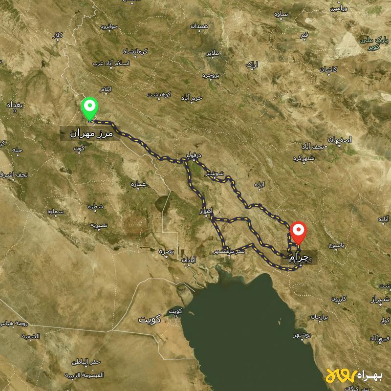 مسافت و فاصله چرام - کهگیلویه و بویر احمد تا مرز مهران - ایلام از ۳ مسیر - مرداد ۱۴۰۳