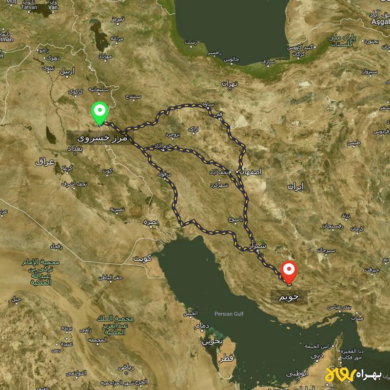 مسافت و فاصله جویم - فارس تا مرز خسروی - کرمانشاه از ۳ مسیر - مرداد ۱۴۰۳